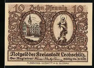 Notgeld Leobschütz 1922, 10 Pfennig, Silhouette und Geschichte der Stadt