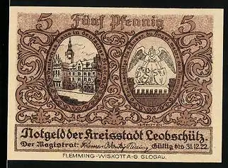 Notgeld Leobschütz 1922, 5 Pfennig, Karte von Leobschütz