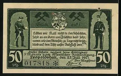 Notgeld Leopoldshall i. Anh. 1921, 50 Pfennig, Streckenbetrieb etwa 450 m unter Tage