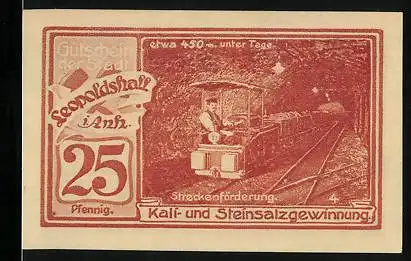 Notgeld Leopoldshall i. Anh. 1921, 25 Pfennig, Streckenförderung etwa 450m unter Tage