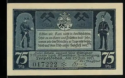 Notgeld Leopoldshall i. Anh. 1921, 75 Pfennig, Hängebank zur Kali- und Steinsalzgewinnung