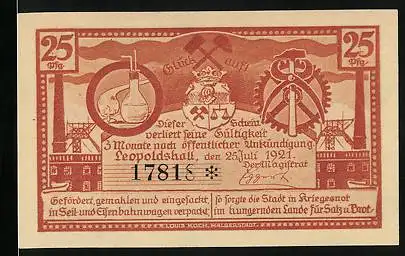 Notgeld Leopoldshall i. Anh. 1921, 25 Pfennig, Die Mühle der Kali- und Steinsalzgewinnung