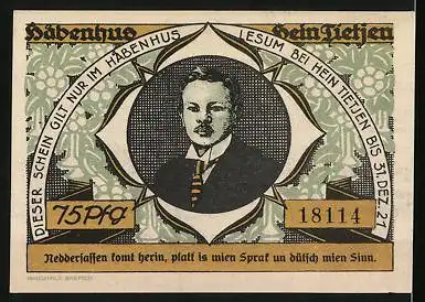 Notgeld Lesum 1921, 75 Pfennig, Gutschein für das Habenhus von Hein Tietjen