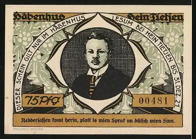 Notgeld Lesum 1921, 75 Pfennig, Gutschein für das Habenhus von Hein Tietjen