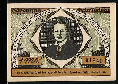 Notgeld Lesum 1921, 1 Mark, Gutschein für das Habenhus von Hein Tietjen, Baumhaus