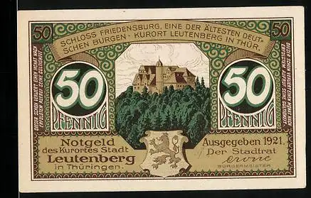 Notgeld Leutenberg 1921, 50 Pfennig, Wurst, Gänsebraten und Schloss Friedensburg