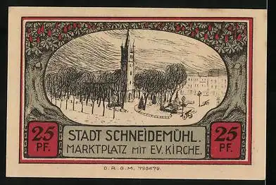 Notgeld Schneidemühl, 25 Pfennig, Marktplatz mit evangelische Kirche