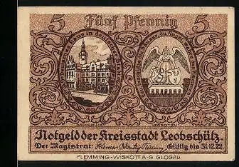 Notgeld Leobschütz 1922, 5 Pfennig, Karte der Stadt