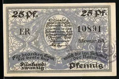 Notgeld Oberhof i. Thür. 1919, 25 Pfennig, Skifahrer blickt auf die Ortschaft