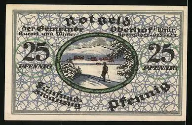 Notgeld Oberhof i. Thür. 1919, 25 Pfennig, Skifahrer blickt auf die Ortschaft