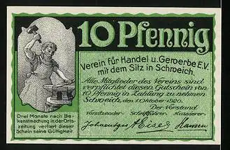 Notgeld Schweich 1920, 10 Pfennig, Schmied bei der Arbeit, Alter Fährturm