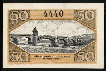 Notgeld Schweich 1920, 20 Pfennig, Hermes als Lieferbote, Bäuerin, Moselbrücke