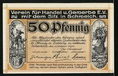 Notgeld Schweich 1920, 20 Pfennig, Hermes als Lieferbote, Bäuerin, Moselbrücke