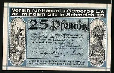 Notgeld Schweich 1920, 25 Pfennig, Moselbrücke, Hermes und Bäuerin