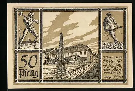 Notgeld Auma 1921, Wegpartie mit Obelisk, Bauer bei der Aussaat, Industriearbeiter