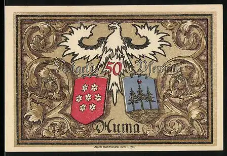 Notgeld Auma 1921, 50 Pfennig, Ortspartie mit Blick auf die Kirche, Industriearbeiter und Bauer