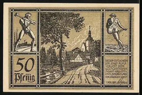 Notgeld Auma 1921, 50 Pfennig, Ortspartie mit Blick auf die Kirche, Industriearbeiter und Bauer