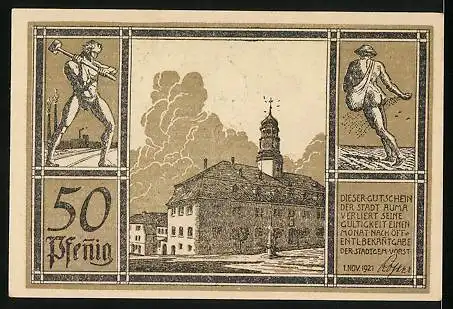 Notgeld Auma 1921, 50 Pfennig, Ortspartie am Rathaus