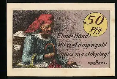 Notgeld Hildburghausen 1921, 50 Pfennig, Frau Rauschen in Tracht