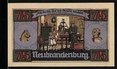 Notgeld Neubrandenburg 1922, 75 Pfennig, Vater mit seinen Kindern zu Hause, Fritz Reuter im Ratskeller