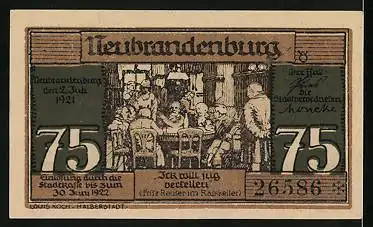 Notgeld Neubrandenburg 1922, 75 Pfennig, Vater mit seinen Kindern zu Hause, Fritz Reuter im Ratskeller