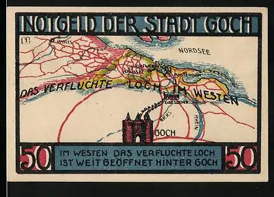 Notgeld Goch 1922, 50 Pfennig, das Steintor und eine Karte der Nordseeregion
