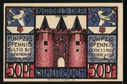 Notgeld Goch 1922, 50 Pfennig, das Steintor und eine Karte der Nordseeregion