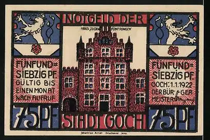 Notgeld Goch 1922, 75 Pfennig, Holländer kommen nach Goch, Haus zu den Fünf Ringen