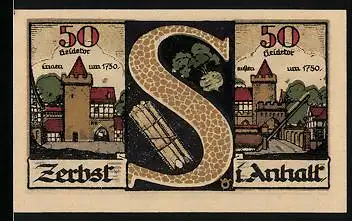 Notgeld Zerbst i. Anhalt 1921, 50 Pfennig, Heidetor von innen und aussen, Stadtwappen