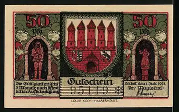 Notgeld Zerbst i. Anhalt 1921, 50 Pfennig, Das Akensche Tor von innen und aussen, Stadtwappen