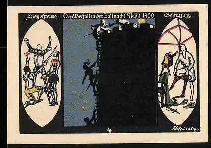Notgeld Döbeln 1921, 50 Pfennig, Siegesfreude und Bestürzung, Fastnachts-Überfall 1450