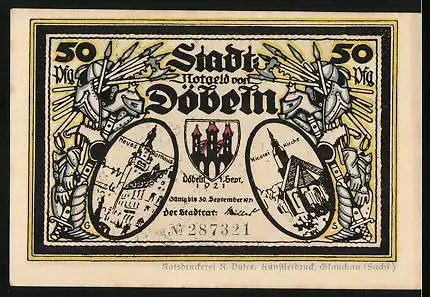 Notgeld Döbeln 1921, 50 Pfennig, Siegesfreude und Bestürzung, Fastnachts-Überfall 1450