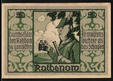 Notgeld Rathenow, 50 Pfennig, Jäger mit Fernglas, Ortspartie mit Kirche