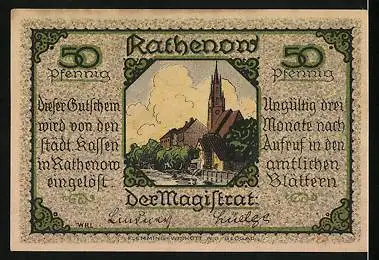 Notgeld Rathenow, 50 Pfennig, Jäger mit Fernglas, Ortspartie mit Kirche