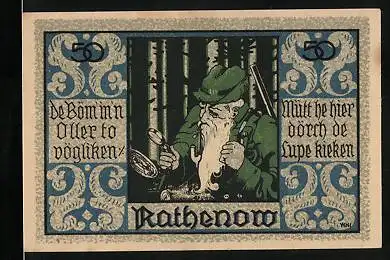 Notgeld Rathenow, 50 Pfennig, Jäger mit Pfeife und Lupe
