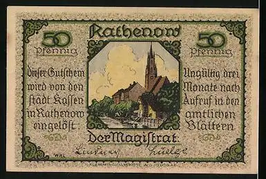 Notgeld Rathenow, 50 Pfennig, Jäger mit Pfeife und Lupe