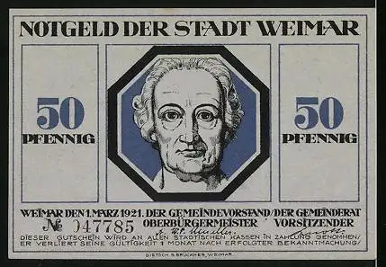 Notgeld Weimar 1921, 50 Pfennig, Heldenfigur beschützt die Stadt