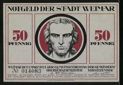 Notgeld Weimar 1921, 50 Pfennig, Schwerter zerbrechen vor der Sonne