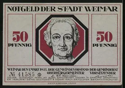 Notgeld Weimar 1921, 50 Pfennig, Mutter mit ihren Kindern, alter Mann und der Tod mit seiner Sense