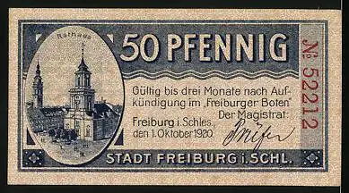 Notgeld Freiburg i. Schl. 1920, 50 Pfennig, Das Rathaus und die Städtische Sparkasse