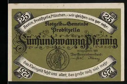 Notgeld Probstzella 1921, 25 Pfennig, Die Probstei Zella