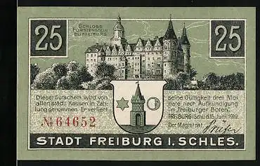 Notgeld Freiburg i. Schl. 1919, 25 Pfennig, Schloss Fürstenstein, Frau beim Spinnen