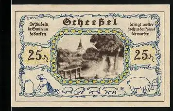 Notgeld Scheessel 1921, 25 Pfennig, Ortspartie mit einer Kirche