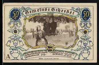 Notgeld Scheessel 1921, 50 Pfennig, Frau in Tracht vor grossem Baum