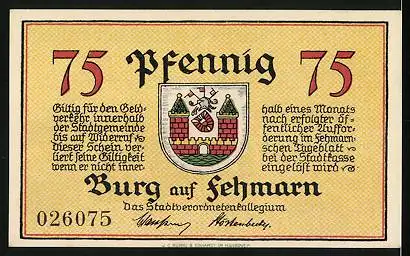 Notgeld Burg auf Fehmarn, 75 Pfennig, Soldaten beobachten Schiffe von einer Klippe aus, 1420