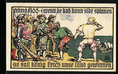 Notgeld Burg auf Fehmarn, 75 Pfennig, Soldaten beobachten abfahrende Schiffe