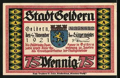 Notgeld Geldern 1921, 75 Pfennig, Bürger attackieren den Drachen