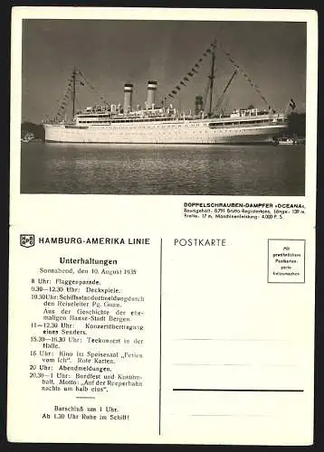 Menükarte Kraft durch Freude, 16. Seereise mit dem Dampfer Oceana in die norwegischen Fjorde 1935
