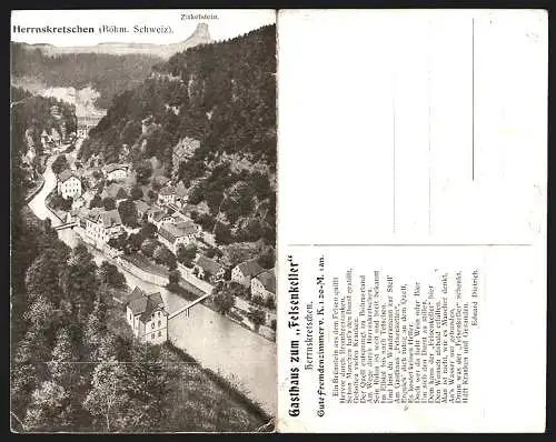 Klapp-AK Herrnskretschen, Ortsansicht mit Zirkelstein, rückseitig Gasthaus Felsenkeller