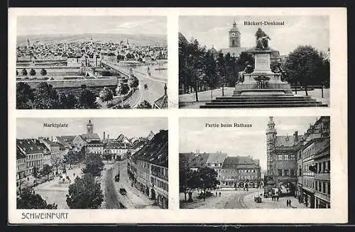 AK Schweinfurt, Ortsansicht, Marktplatz, Rathaus, Rückert-Denkmal
